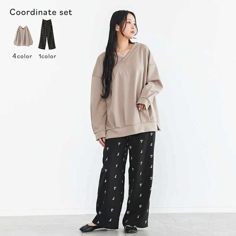 2点コーデセット 2026 レディース スウェット トレーナー 長袖 Vネック UVカット イージーケア スラックス ロングパンツ ストレート 花柄 刺繍 ゆったり 楽ちん 春 秋 オシャレウォーカー【メール便不可】【30】