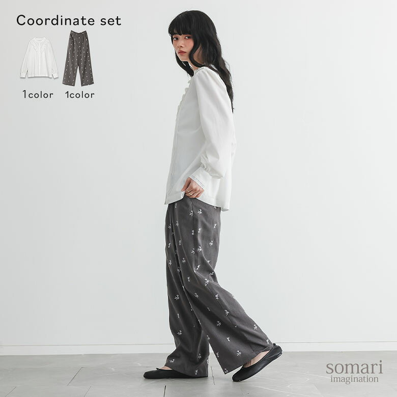 2点コーデセット 2026 レディース ブラウス 長袖 シャツ レース バンドカラー ピンタック バンドカラー ギャザー袖 パンツ スラックス ワイドパンツ ストレート 体型カバー 春 夏 秋 冬 オシャレウォーカー【メール便不可】【20】