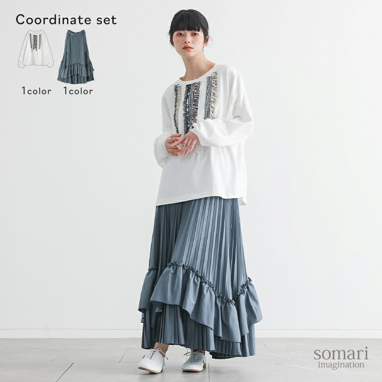 2点コーデセット 2026 レディース カットソー 長袖 トップス ロンT 綿100％ レース テープ クルーネック プルオーバー Tシャツ スカート ロング丈 ボトムス プリーツスカート 春 秋 冬 オシャレウォーカー【メール便不可】【50】