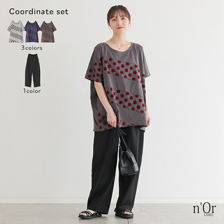 2点コーデセット 2026 レディース Tシャツ 春 夏 トップス ネイビー 杢グレー チャコール ブラック S〜3L カットソー プリントT パンツ ボトムス ロングパンツ ワイドパンツ フリーサイズ オシャレウォーカー【メール便不可】【20】