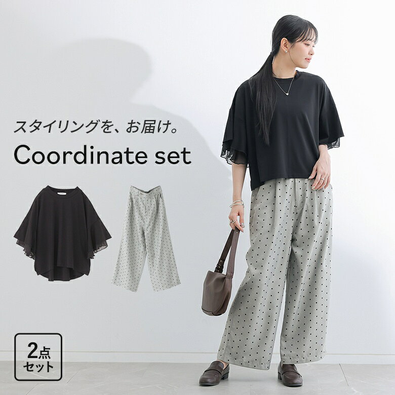 カットソー レディース トップス Tシャツ 接触冷感 半袖 クルーネック フレアスリーブ 異素材 春 夏 秋 プルオーバー ミディ丈 ミドル丈 フレア 無地 異素材MIX ドッキング シースルー シアー 透け感 洗える おうちで洗える 冷感 薄手 涼しい カジュアル シンプル ナチュラル モード キレカジ フェミニン ガーリー 可愛い系 大人女子 大人可愛い お洒落可愛い 大人カジュアル 上品 きれいめ ベーシック ニュアンス ラフ 二の腕カバー Sサイズ Mサイズ Lサイズ LLサイズ 3Lサイズ XLサイズ フリーサイズ ぽっちゃり 体型カバー 大きいサイズ プラスサイズ 10代 20代 30代 40代 50代 60代 低身長 高身長 女子会 オフィス 通勤 パンツ ボトムス ロング丈 フルレングス ワイドパンツ ドット 水玉 ハイウエスト ポケット ロングパンツ ドット柄 水玉柄 総柄 オフィス・ビジネス オフィスカジュアル ヴィンテージ グレー ブラック 202608 2点セット プレゼント 福袋 コーディネートセット コーデセット 中身が見える福袋 上下セット ギフトセット[ID]12cq048[フレアチュールスリーブカットソー×ワイドパンツコーデ2点SET]▼各アイテムの商品ページ▼※着用コメントやサイズは商品ページでご確認ください