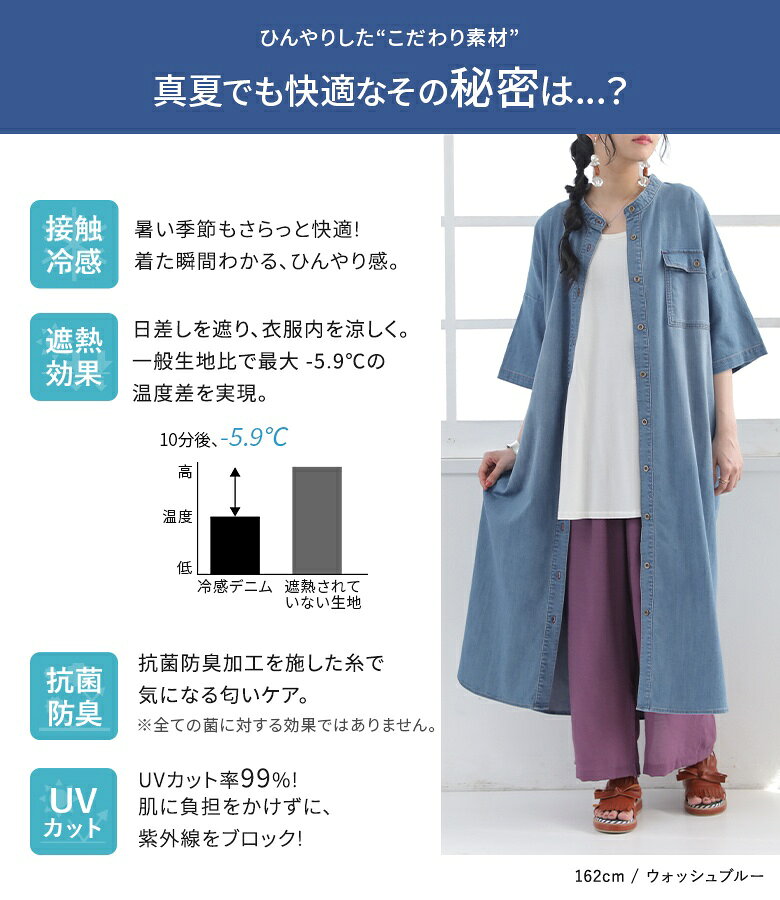 シャツワンピース レディース 接触冷感 UVカット 春 夏 デニム 紺 ブルー 半袖 五...