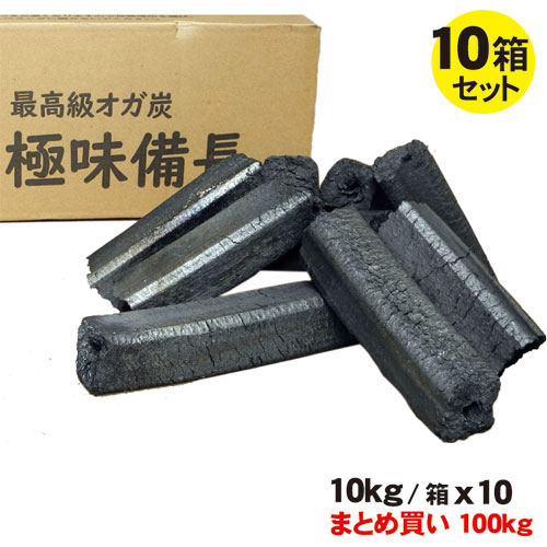 最高級 オガ備長 10kg入/箱×10箱セット まとめ買い 100kg お買い得セット極味備長 中国産 高級 1級品 オガ炭形成炭 人口炭 本格炭火焼 七輪焼 地球環境 配慮商品業務用 燃料 木炭 白炭 オガライト オガ備長炭 火起こし 炭 アウトドア バーベキュー