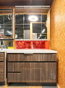 【モデルルーム展示品】【特注・未使用品】LIXIL(トーヨーサッシ) クォーツストーン天板 W1125 洗面化粧台 木目調ブラウン / W1125 三面鏡付き収...