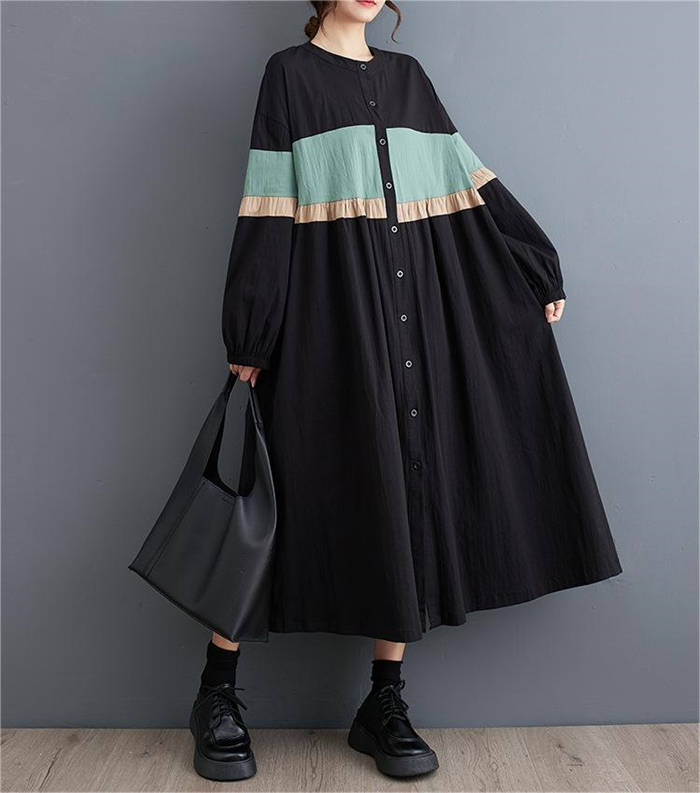 シャツワンピース 秋 ロング 黒 シャツ ワンピース 秋 冬 長袖 ロングワンピース ロング ドッキングワンピース フレアワンピース ドッキング 個性的 体型カバー 大きいサイズ ゆったり オーバーサイズ 春 切り替え 配色 美脚 通勤 おしゃれ ファッション 50代 30代 40代
