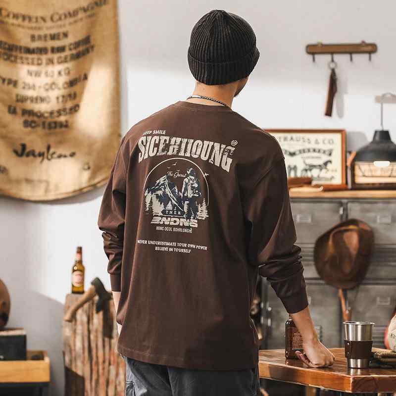 Tシャツ メンズ アメカジ 32双糸 コーマ綿 コットン 長袖 300g ヘビーウェイト ゆったり ビッグシルエット クルーネック プルオーバー ドロップショルダー アルファベットプリント 抗菌 イージーケア 普段使い 秋冬 キャラメル色