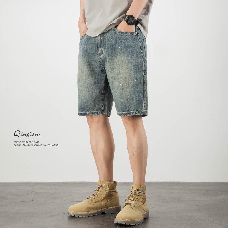 デニムパンツ メンズ 男性用 レトロ ヴィンテージ ゆったり 大きいサイズ アメカジ トレンド スプラッシュペイント ペンキ飛ばし ウォッシュ加工 ハーフパンツ 五分丈 ストレート ミドルウエスト 薄手 コットン ノンストレッチ 夏
