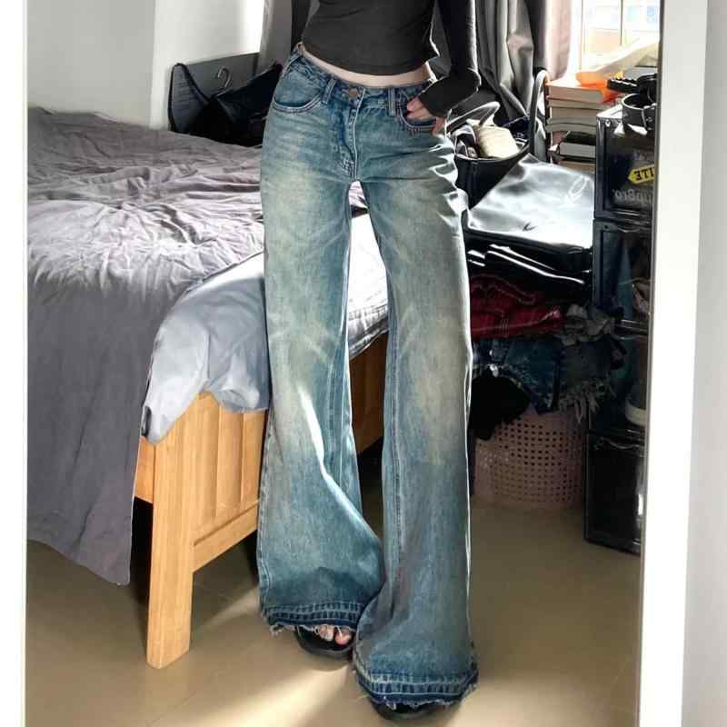 デニムパンツ レディース ハイウエスト セミフレア ゆったり ウォッシュ加工 カットオフ フルレングス 脚長効果 スタイルアップ コットン カジュアル 秋