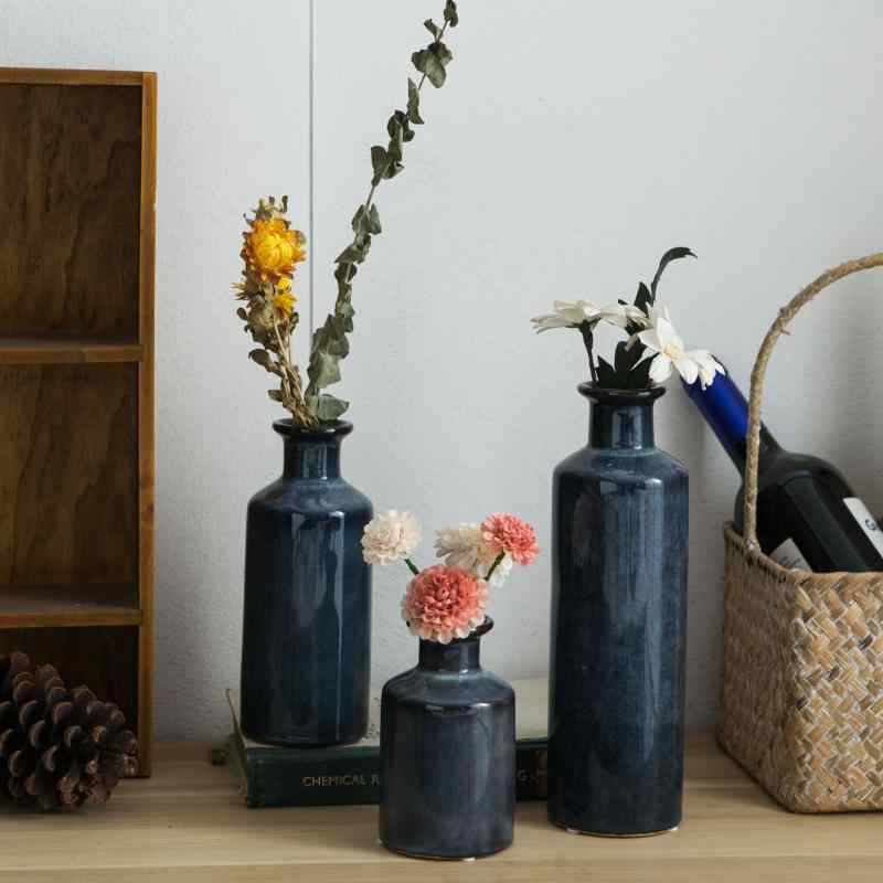 花瓶 セット ミニ 陶器 インテリア 飾り 現代 シンプル 手作り 上釉 色釉 キルン変色 ブルー ドライフラワー 水耕え 3点セット 大小中 ギフト 旅行記念 卒業 引っ越し パーティー