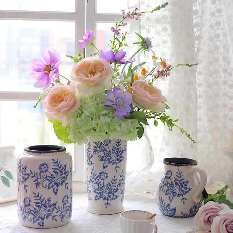Interior Accessories - フラワーベース 花瓶 陶器 復古 フレンチスタイル 青花柄 氷割れ模様 中古風 高級感 インテリア 飾り物 花器 リビング ディスプレイ ガーデン 観葉植物 ドライフラワー ミニサイズ 波浪口 直型 ハンドメイド 上釉加工 美式インテリア