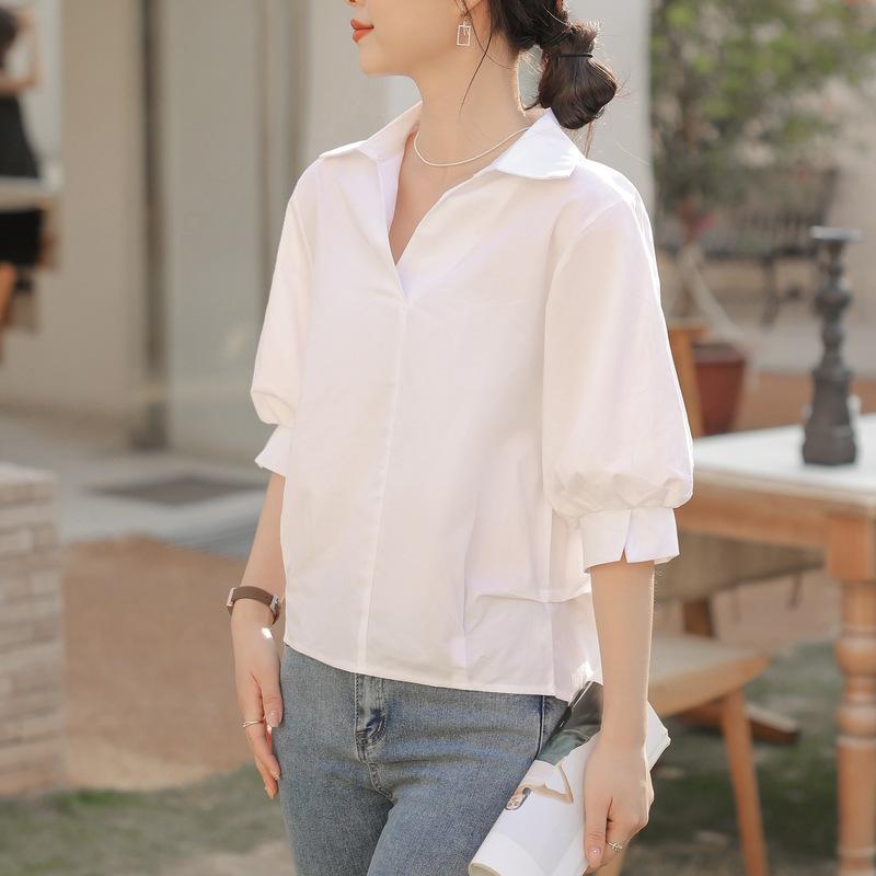 ・カテゴリ: シャツ・スタイル: カジュアル・主な素材: オーガニックコットン70-80%、スパンデックス・ネックライン: Vネック・袖丈: 半袖・袖型: バルーンスリーブ・版型: ゆったり・衣長: 50-65cm・柄: 加工・カラー展開: ホワイト・サイズ展開: S、M、L、XL