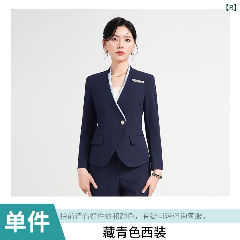 レディース スーツ 女性用 ビジネス セットアップ 秋冬 長袖 長ズボン スカート ポリエステル グレー ブルー ブラック 高級感 ホテル 受付 美容室 制服 ワイドパンツ ストレート ウール調 フォーマル 仕事用 通勤用 接客 シンプル ゆったり 伸縮 oskkyoto-10076165 Fun Time Market サンプル画像2