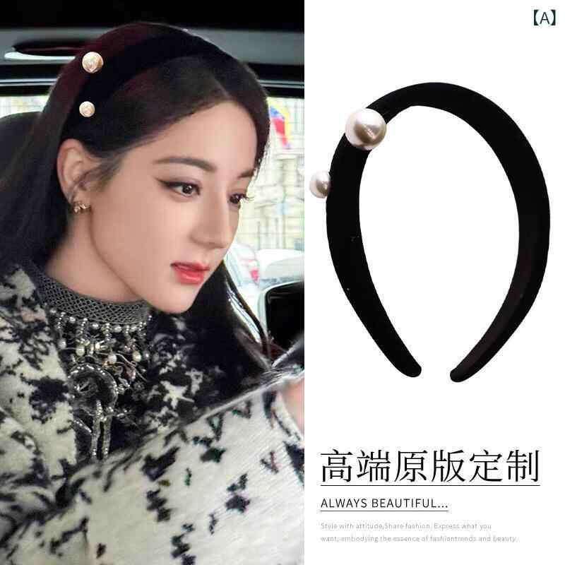 ヘアアクセサリー 女性用 ブラック ベルベット パール U字 ヘアバンド ヘアピン 髪...