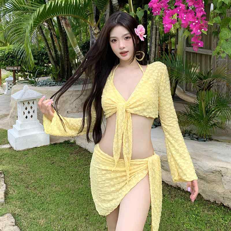 水着 レディース ビキニ 4点セット セパレート 長袖 スイムウェア 温泉 ビーチ プール リゾート かわいい 盛れる 小胸 骨格ウェーブ 体型カバー 細見え 露出控えめ レースアップ バックシャン 花柄 パッド付き ノンワイヤー イエロー ピンク系 フ