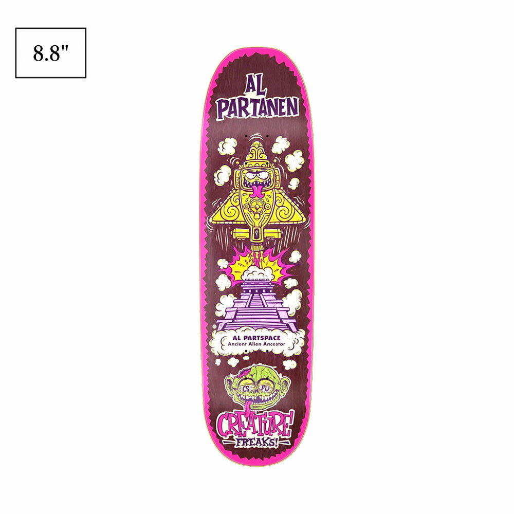 ■『書いてお得なレビュー特典』詳細はこちら 商品説明 【CREATURE (クリーチャー) Partanen Freaks Skateboard Deck 8.8in x 32.2in】 当店ではお馴染みのレジェンドスケーター Eric Dressen も所属する伝説のスケートユニット？ 「Daggers」のメンバーでもある Al Partanen のプロモデルです。 アートワークはアメリカの煙たいアーティスト BURRITO BREATH (ブリトーブレス) が手掛けています。 Phil "Burrito Breath" Guy オハイオ州出身カリフォルニア州在住のアーティスト/ イラストレーター。 60年代、70年代の風刺画、スケートボード、そして REBEL8 のデザイナーであるマイク・ ジャイアントやオルタナティブコミック界の帝王チャールズ・バーンズの影響を受けている。 影響下にあるクラシックなアメコミを軸にしながらも "Burrito Breath" ならではのアンダーグラウンドな文化を融合させた独特な中毒性の強い世界観を創り出している。 中でも "Burrito Breath" の代名詞といえる4つ目のキャラクターは、世界中にコレクターが存在するほどの人気があります。 スケートボードブランドやストリートウェアブランドの他に、ヘビーメタルバンド Mastodon のマーチャンダイズやブルックリンの人気ピザ屋 "Roberta's" 、同じくポートランドのピザ屋 "Sizzle Pie" のピザボックスなどにもアートワークを提供するなど、ジャンルを問わず幅広い活動を行っている。 【サイズ】 8.8in x 32.2in WB 14.5 (※1インチ＝約2.54cm) 【原産国】 中国 ご希望の方にはデッキテープを無料で同封させていただきます。 デッキテープが必要ない方は代わりにステッカー等の何かしらの粗品を同封させていただきます。 【注意点】 ●掲載している画像はイメージ画像の為、実際の商品とは色合い等に若干違いが生じます。 予めご了承ください。 ●裏側 (デッキテープを貼る面) の木目の色はアソートとなります。 色はお選びいただけませんのでご了承ください。 ●デッキ本体に多少の傷や汚れ、デッキを包装しているフィルム (ビニール) が破れている場合が御座います。 大変申し訳ございませんが、以上の点をあらかじめご了承の上、お買い求めください。 ガッチリ滑っていただくのは勿論、アートとしてお気に入りの場所に飾る、またスケートスツールを使用し、センスのいいスツールやテーブルを作製するのも◎ スケートデッキを活かす新感覚のプロダクト「スケートスツール」はコチラ 【CREATURE / クリーチャー】 ホラー映画をモチーフにした明確なブランドビジョンと、プールやコンクリートセクションを攻め立てるスタイルを確立し、揺るぎない存在感でシーンに君臨するヘッシュなブランド CREATURE 。 1993年にブランドが始動したが、98年に忽然と姿を消し闇の中に。 そして2004年長年の沈黙を破ってハードコアなスケートヴァンパイア達が集結し、突然の復活で墓場から蘇った。 ブラックとグリーンのブランドカラーを基準に、ホラーテイストの激しいグラフィックで特徴でヘッシュなスケーター達に支持されているブランドである。 ライダーもストリートからバーチカルまでベストなライダーが勢ぞろいしている。 ※こちらの商品は「CREATURE」の日本正規輸入代理店である株式会社ハスコ・エンタープライズから仕入れている正規輸入品になります。 安心してお買い求めください。 サイズ 8.8in x 32.2in WB 14.5 (※1インチ＝約2.54cm) 原産国 中国 ご注文の前にご確認ください ■お客様のご利用のパソコンや環境によって色の見え方が違ったり、実際の商品と色味が多少異なって見える場合がございます。 ■サイズはスタッフによる手計測のため、商品に因っては上記の寸法と多少誤差が出ることがございます。 &gt;&gt;詳細はこちら ■当店では実店舗、複数のオンラインショップと在庫を共有しております。 その為在庫有になっている商品でも、商品の売り違い、在庫の確保不可が稀に生じることがございます。ご了承下さい。 ■送料全国一律600円 (一部地域除く) 合計3,980円 (税込) 以上で送料無料！ 13：00までのご注文は即日発送！ (定休日、水曜日を除く) ■色やサイズに関するご質問、ご不明な点等ございましたらご注文前にお気軽にお問い合わせ下さい。商品説明 【CREATURE (クリーチャー) Partanen Freaks Skateboard Deck 8.8in x 32.2in】 当店ではお馴染みのレジェンドスケーター Eric Dressen も所属する伝説のスケートユニット？ 「Daggers」のメンバーでもある Al Partanen のプロモデルです。 アートワークはアメリカの煙たいアーティスト BURRITO BREATH (ブリトーブレス) が手掛けています。 Phil "Burrito Breath" Guy オハイオ州出身カリフォルニア州在住のアーティスト/ イラストレーター。 60年代、70年代の風刺画、スケートボード、そして REBEL8 のデザイナーであるマイク・ ジャイアントやオルタナティブコミック界の帝王チャールズ・バーンズの影響を受けている。 影響下にあるクラシックなアメコミを軸にしながらも "Burrito Breath" ならではのアンダーグラウンドな文化を融合させた独特な中毒性の強い世界観を創り出している。 中でも "Burrito Breath" の代名詞といえる4つ目のキャラクターは、世界中にコレクターが存在するほどの人気があります。 スケートボードブランドやストリートウェアブランドの他に、ヘビーメタルバンド Mastodon のマーチャンダイズやブルックリンの人気ピザ屋 "Roberta's" 、同じくポートランドのピザ屋 "Sizzle Pie" のピザボックスなどにもアートワークを提供するなど、ジャンルを問わず幅広い活動を行っている。 【サイズ】 8.8in x 32.2in WB 14.5 (※1インチ＝約2.54cm) 【原産国】 中国 ご希望の方にはデッキテープを無料で同封させていただきます。 デッキテープが必要ない方は代わりにステッカー等の何かしらの粗品を同封させていただきます。 【注意点】 ●掲載している画像はイメージ画像の為、実際の商品とは色合い等に若干違いが生じます。 予めご了承ください。 ●裏側 (デッキテープを貼る面) の木目の色はアソートとなります。 色はお選びいただけませんのでご了承ください。 ●デッキ本体に多少の傷や汚れ、デッキを包装しているフィルム (ビニール) が破れている場合が御座います。 大変申し訳ございませんが、以上の点をあらかじめご了承の上、お買い求めください。 ガッチリ滑っていただくのは勿論、アートとしてお気に入りの場所に飾る、またスケートスツールを使用し、センスのいいスツールやテーブルを作製するのも◎ スケートデッキを活かす新感覚のプロダクト「スケートスツール」はコチラ 【CREATURE / クリーチャー】 ホラー映画をモチーフにした明確なブランドビジョンと、プールやコンクリートセクションを攻め立てるスタイルを確立し、揺るぎない存在感でシーンに君臨するヘッシュなブランド CREATURE 。 1993年にブランドが始動したが、98年に忽然と姿を消し闇の中に。 そして2004年長年の沈黙を破ってハードコアなスケートヴァンパイア達が集結し、突然の復活で墓場から蘇った。 ブラックとグリーンのブランドカラーを基準に、ホラーテイストの激しいグラフィックで特徴でヘッシュなスケーター達に支持されているブランドである。 ライダーもストリートからバーチカルまでベストなライダーが勢ぞろいしている。 ※こちらの商品は「CREATURE」の日本正規輸入代理店である株式会社ハスコ・エンタープライズから仕入れている正規輸入品になります。 安心してお買い求めください。 &nbsp;