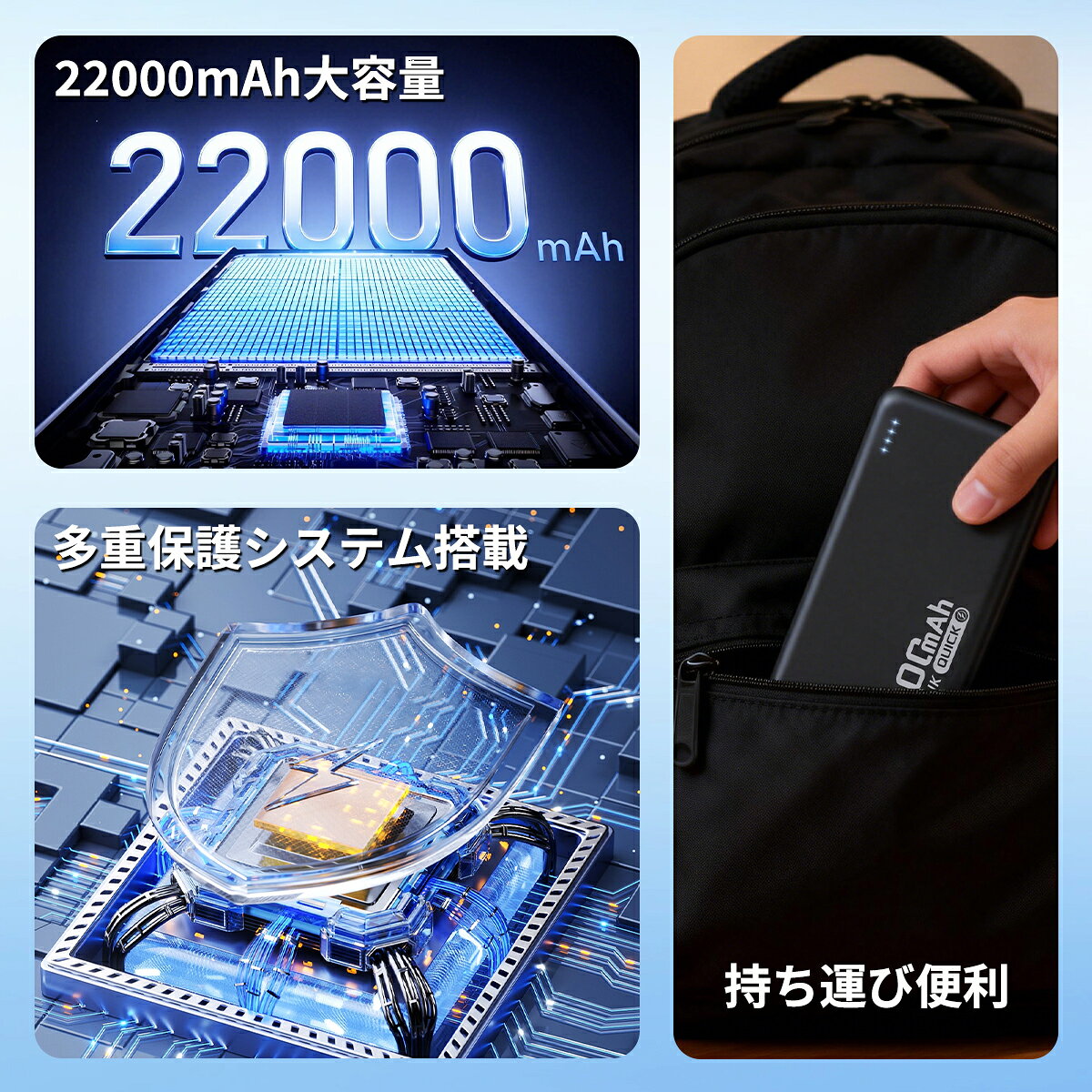 ＼20％OFFクーポンで1680円／モバイルバッテリー 大容量 22000mAh 2.4A急速充電 軽量 小型 3台同時充電 携帯バッテリー 残量表示 携帯充電器 Type-C/USBポート スマホ充電器 持ち運び便利 PSE認証 回路保護 機内持ち込み Android/iPhone 日本語説明書 osshoten-10000054 SHRATCH 楽天市場店 サンプル画像2