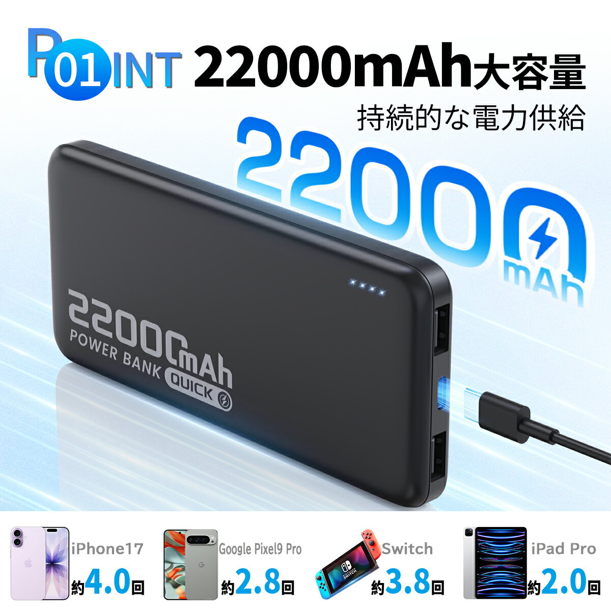 ＼20%OFFクーポンで1680円／モバイルバッテリー 大容量 22000mAh 2.4A急速充電 軽量 小型 3台同時充電 携帯バッテリー 残量表示 携帯充電器 Type-C/USBポート スマホ充電器 持ち運び便利 PSE認証 回路保護 機内持ち込み Android/iPhone 日本語説明書