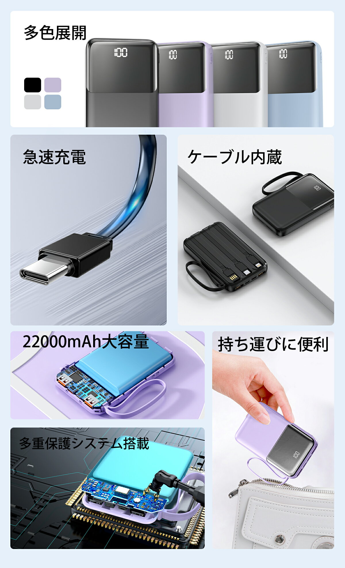 ＼20%OFFクーポンで1880円／モバイルバッテリー 大容量 22000mAh 2.1A急速充電 軽量 小型 ケーブル内蔵 5台同時充電 携帯バッテリー LED残量表示 携帯充電器 Type-C/USBポート スマホ充電器 持ち運び便利 PSE認証 回路保護 機内持ち込みOK Android/iPhone 日本語説明書