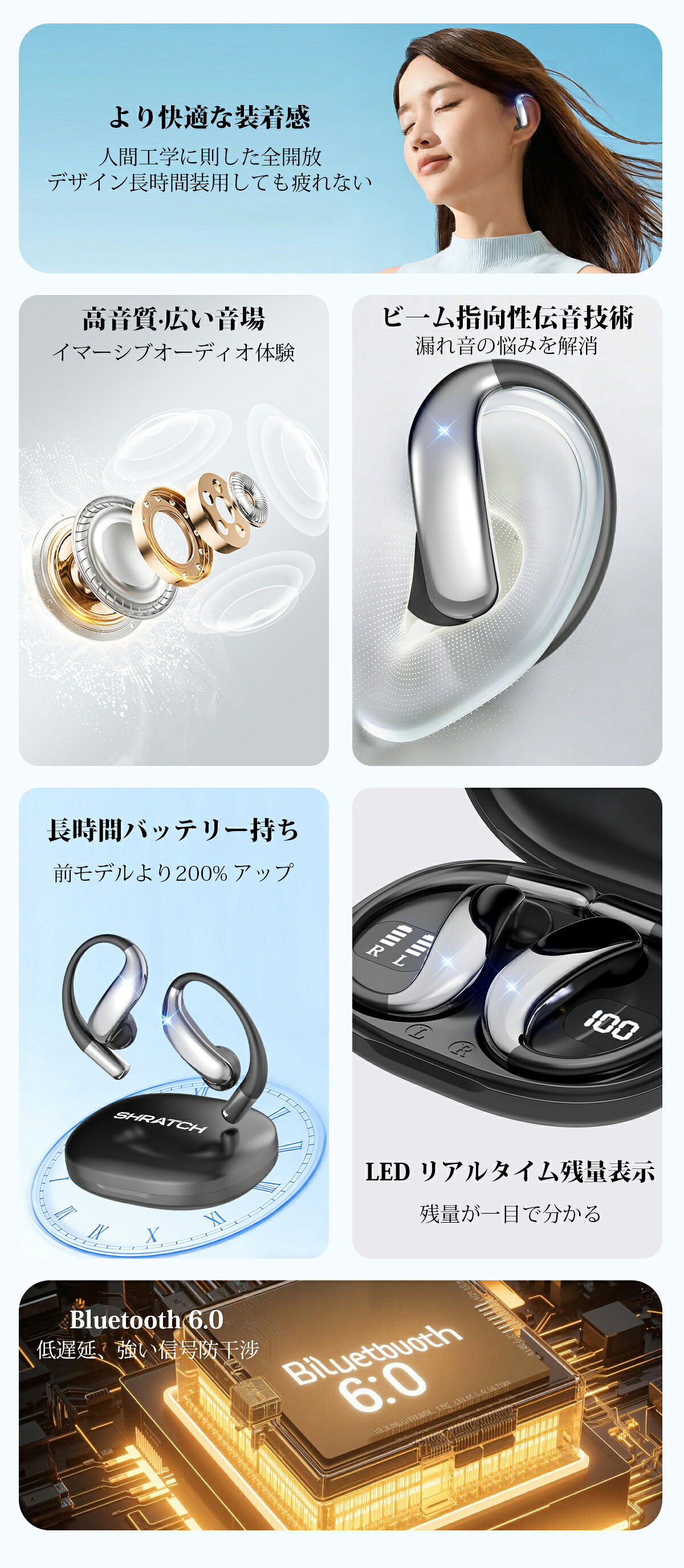＼20%OFFクーポンで1880円／ワイヤレスイヤホン bluetooth6.0 イヤホン イヤーカフ 骨伝導風イヤホン ノイズキャンセリング OWS 高音質 業界TOP 30H連続再生 HiFi 生活防水 最新耳挟み式 自動ペアリング 日本語説明書 残量表示 Siri対応 タッチ操作 装着感ゼロ osshoten-10000056 SHRATCH 楽天市場店 サンプル画像2