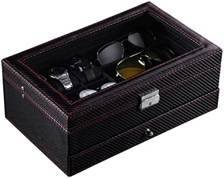 腕時計収納ケース 時計表示オーガナイザー多機能炭素繊維 2 層 6 スロット時計ボックス 3 グリッド眼鏡収納 時計ボックス