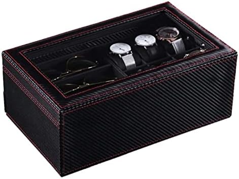 腕時計収納ケース 時計表示オーガナイザー多機能炭素繊維 2 層 6 スロット時計ボックス 3 グリッド眼鏡収納 時計ボックス