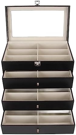 サングラスディスプレイケース 4層引き出し、24スロットPUレザー眼鏡コレクション収納ボックスコンテナ、ガラスカバー付き、眼鏡やその他の小物、ギフトやディスプレイに最適