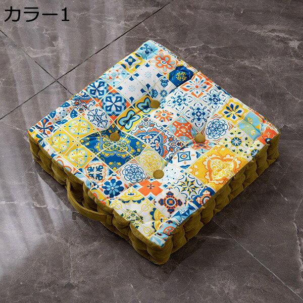 ボヘミア　クッション　座布団　厚さ10cm　お尻に優しい　高反発　柔らかい　椅子用　ダイニングチェア用　和室　車　瞑想　持ち運び　紐付き　フロアクッション　座面クッション　民族風　ヴィンテージ　正方形　40x40cm