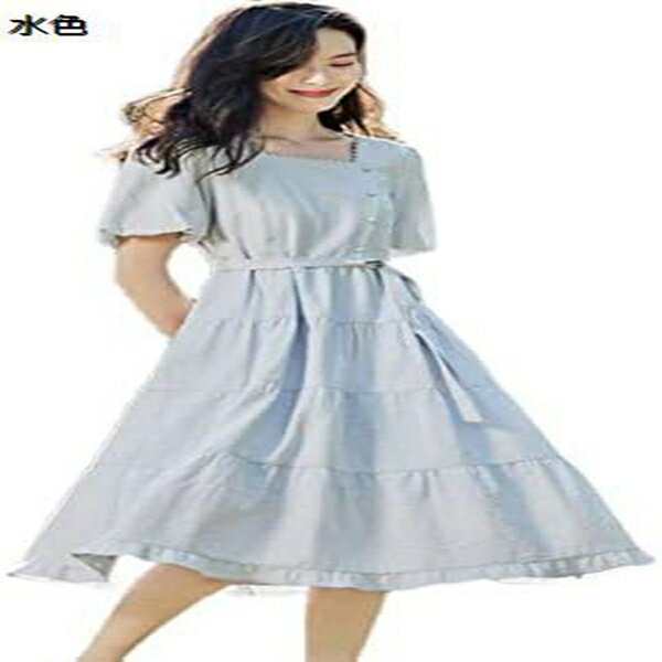 ワンピース レディース 夏 きれいめ 純色 無地 綿100% ドレス フレア 半袖 スクエアネック Aライン おしゃれ パフスリーブ ウエストシェイプ 通勤 沖縄 ゆったり 旅行用 ベルト付き 結婚式 オフィス ミドル丈 二次会 普段着