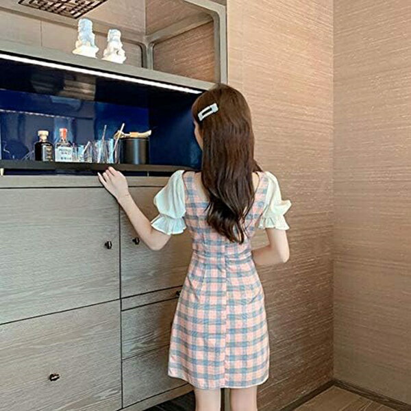 レディース ワンピース 半袖 チェック柄 ショート丈 スリム チェックワンピース フェミニン おしゃれ 夏服 ピンク 可愛い