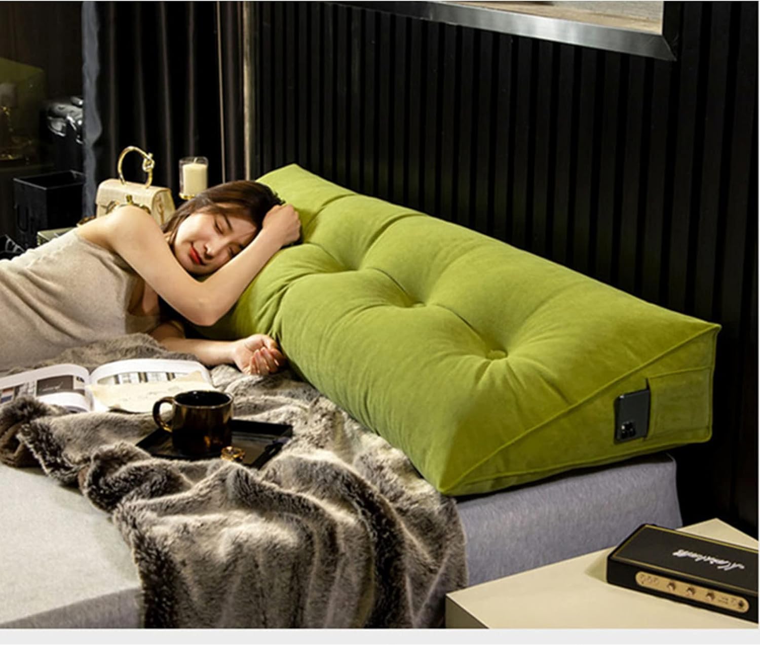 三角形 ソフトヘッドボードウェッジクッション 120*20*50cm ベッド 背もたれ グリーン1 取り外し可能 洗える 綿布カバー付き 読書枕 無地 腰クッション 北欧 ウェッジ枕 腰枕テレビまくら [3]