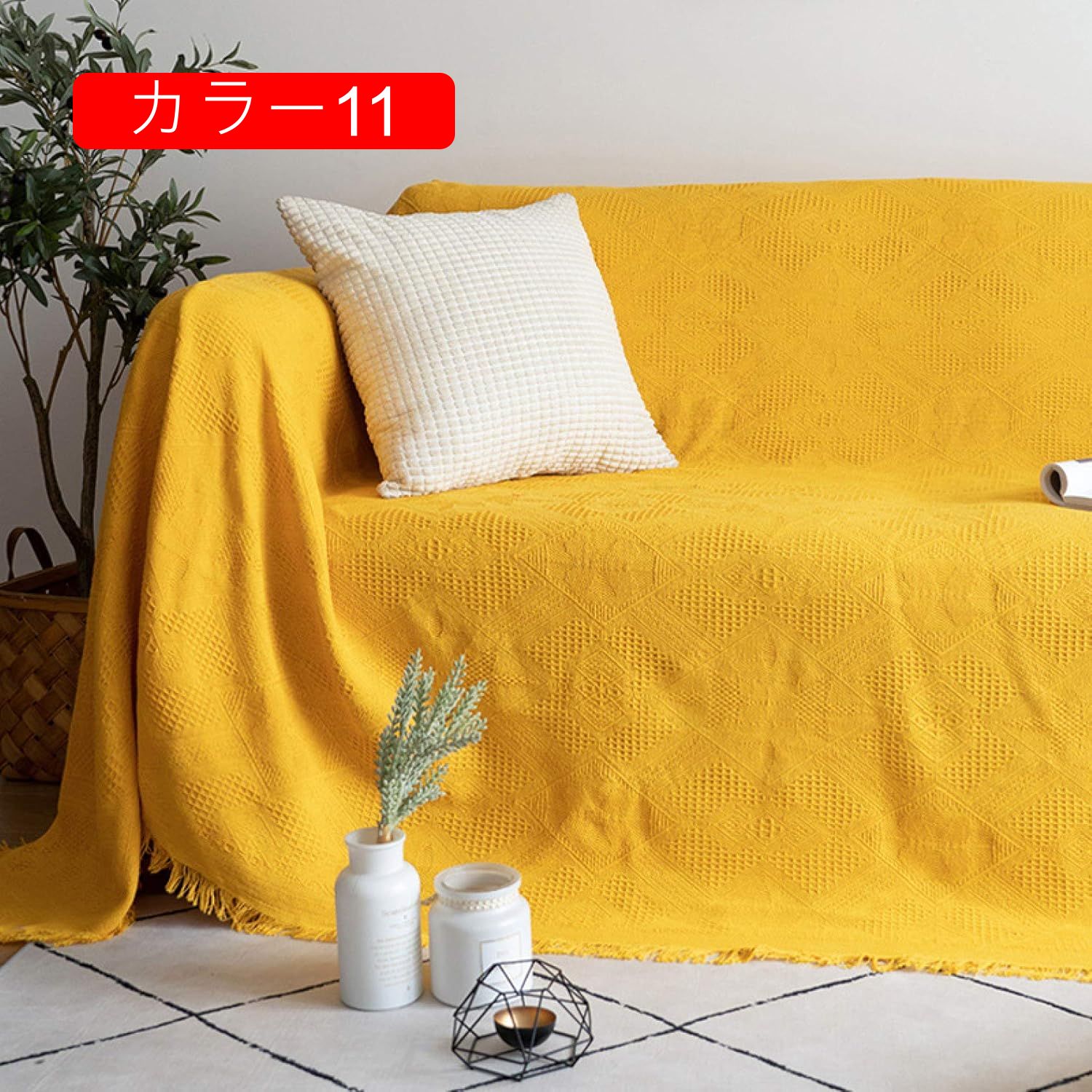 マルチカバー ソファーカバー 北欧風 無地 厚手 ブランケット フリンジ付き 綿 ベッドカバー カーペット ラグマット シンプル 簡単着脱 滑り止め おしゃれ 180*180cm テーブルクロス バス [3]