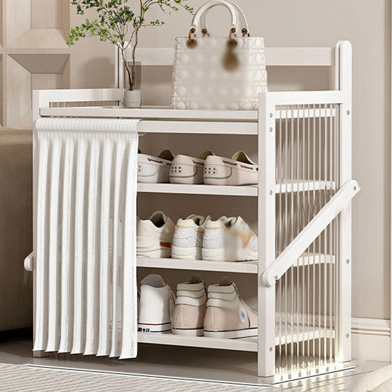シューズラック 折りたたみ 長靴 省スペース 防塵カーテン付き 靴棚 下駄箱 靴収納 天然竹製 大容量 靴..