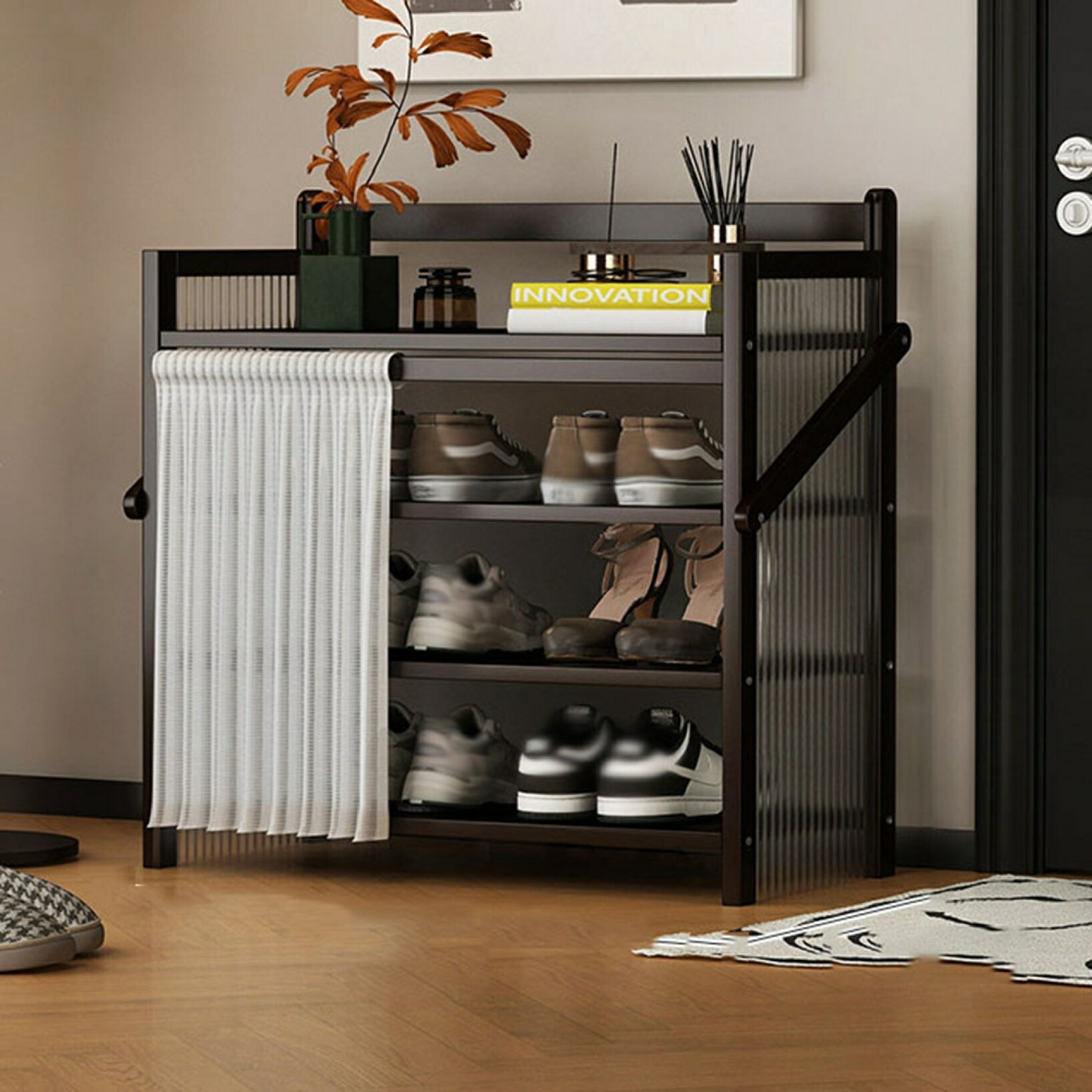 シューズラック 大容量 コンパクト 省スペース スリム 折りたたみ 天然竹製 靴収納 下駄箱 防塵カーテ..