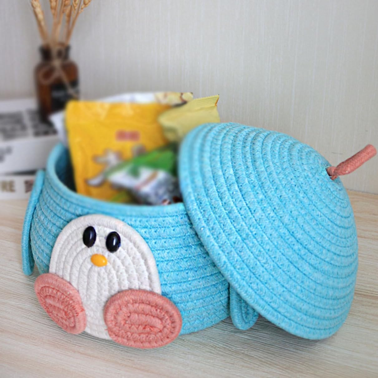 ロープバスケット かご 小物収納 22*14 文具収納 蓋付き 収納ケース 玄関 オフィス バスケット 折りたたみバスケット コットンロープ 収納バスケット 小容量収納 おもちゃ入れ 小物入れ シンプ