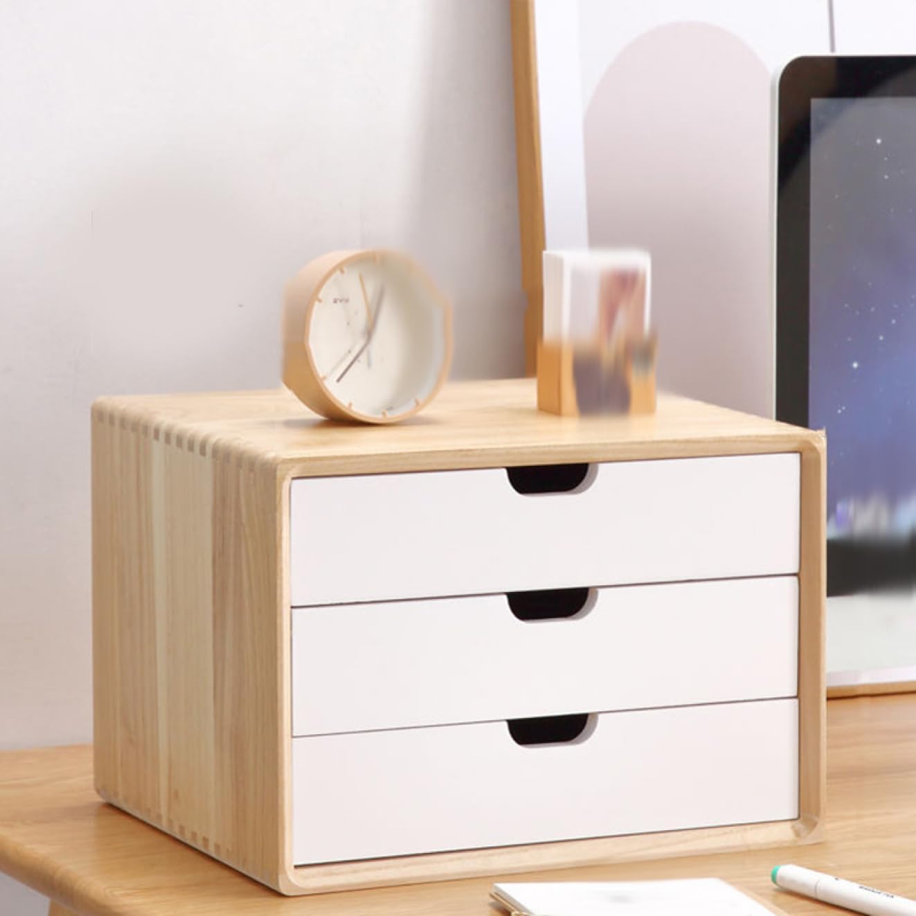 デスク上置棚 引出し 木製 レターケース 書類 トレー 小物収納 チェスト 化粧品収納 机上収納 35*26*16cm ナチュラル ペンスタンド 小物入れ 卓上 引き出し付き 多機能 スタイル2 収納