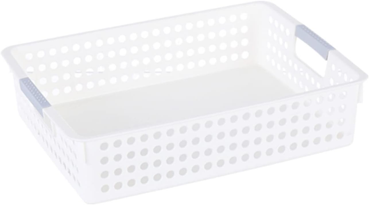 プラスチック製 収納バスケット ハンドル付き 36*26*8cm 浅型 棚 リビングルーム バスルーム キッチン 寝室 積み重ね オーガナイザー コレクションコンテナ ホワイト プラスチック収納バスケ