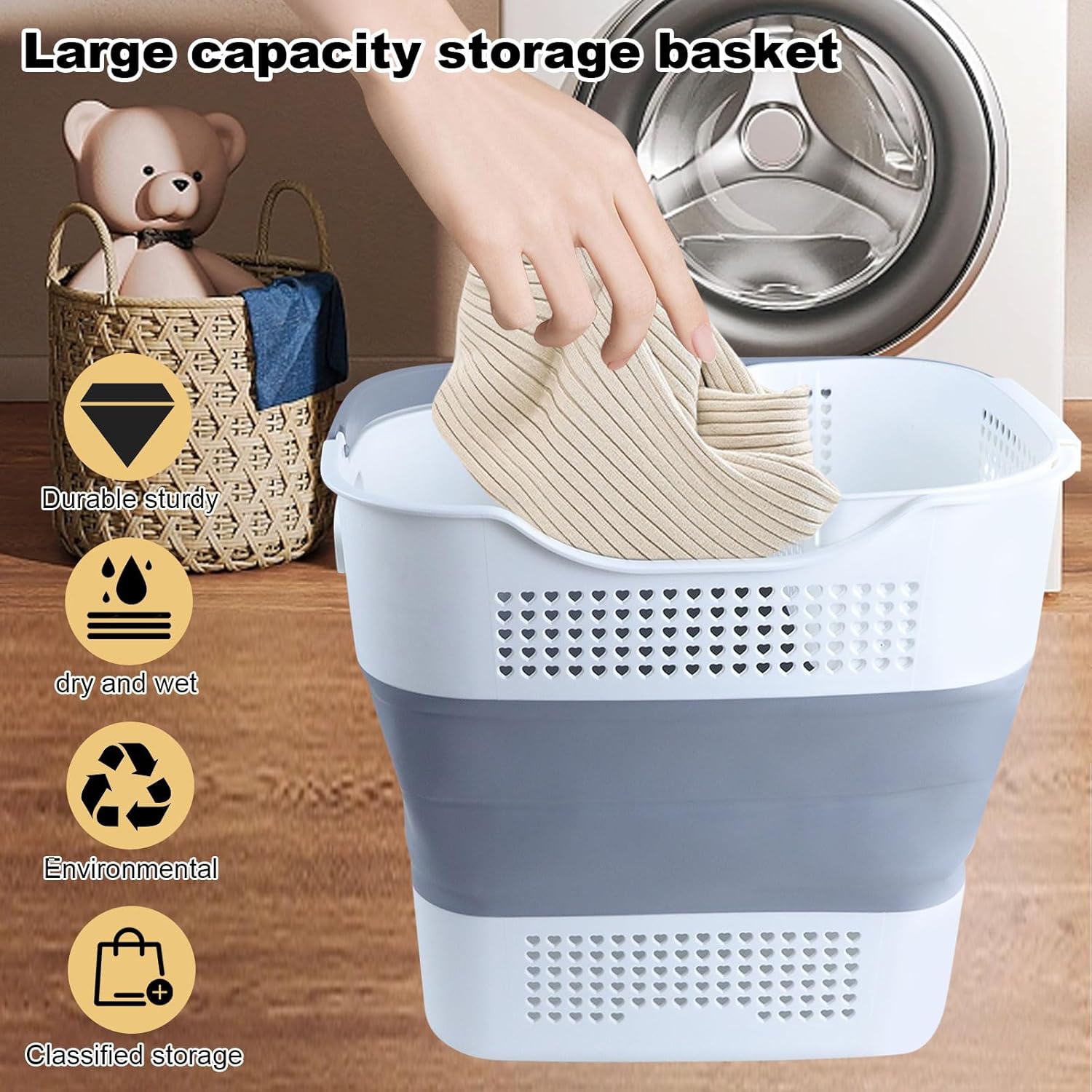 折り畳み式ランドリー バスケット、ランドリーバッグ ランドリー収納かご 取っ手付き 洗濯物入れ ランドリーバスケット ランドリーボックス 洗濯かご (浅い灰)
