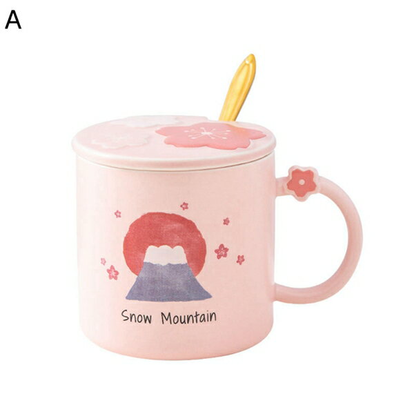 マグカップ コーヒーカップ 和風 さくら ピンク 女性 贈り物 ティーカップ コーヒー お茶 牛乳 耐熱 耐冷 食洗器可 オーブン可 電子レンジ対応 洗いやすい 食器 セラミック 蓋 スプーン付き たっぷり 400ml