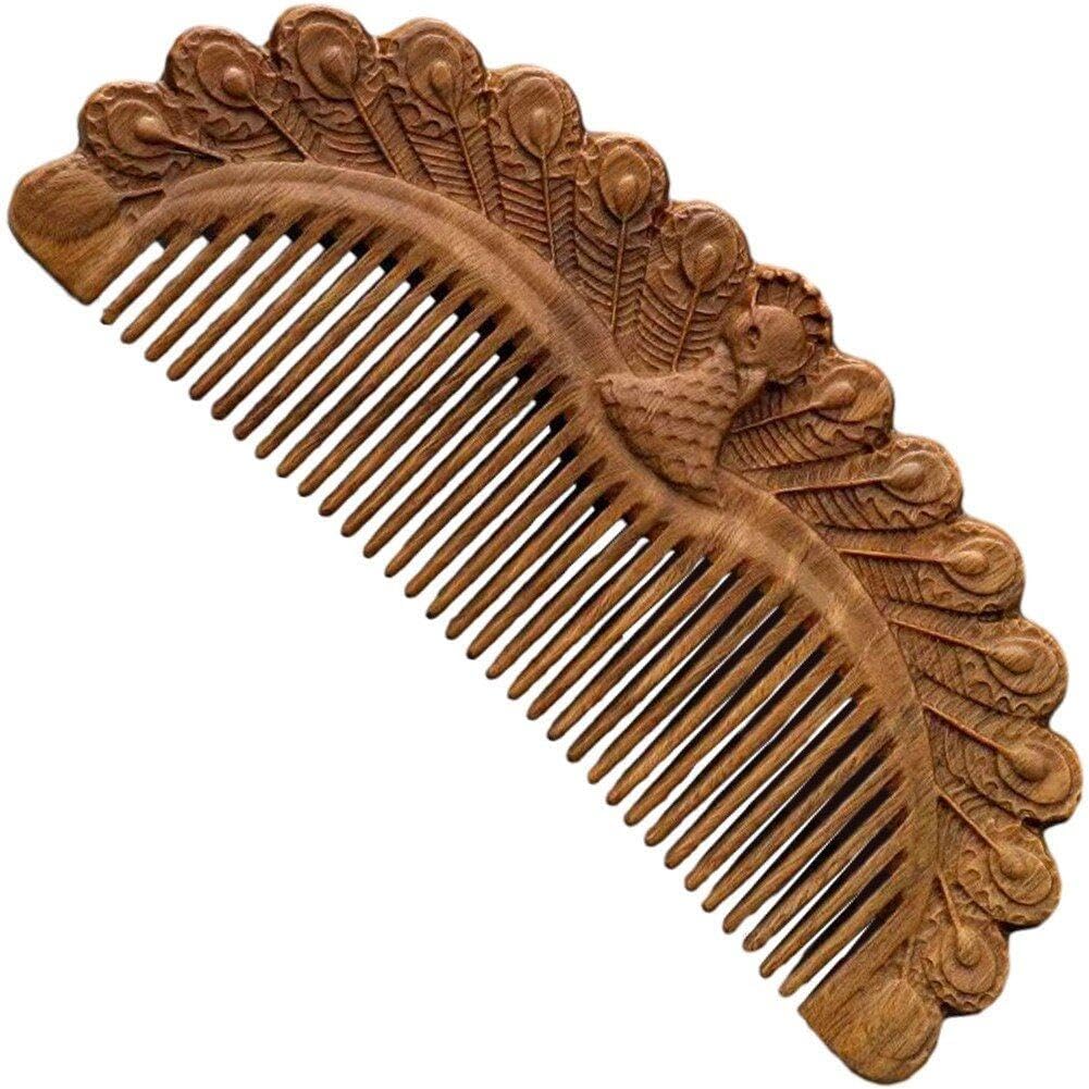 櫛 ヘアコーム くし 孔雀形状 天然緑白檀 ポータブル 両面 彫刻 帯電防止 ヘッドマッサージ ウッド ヘ..