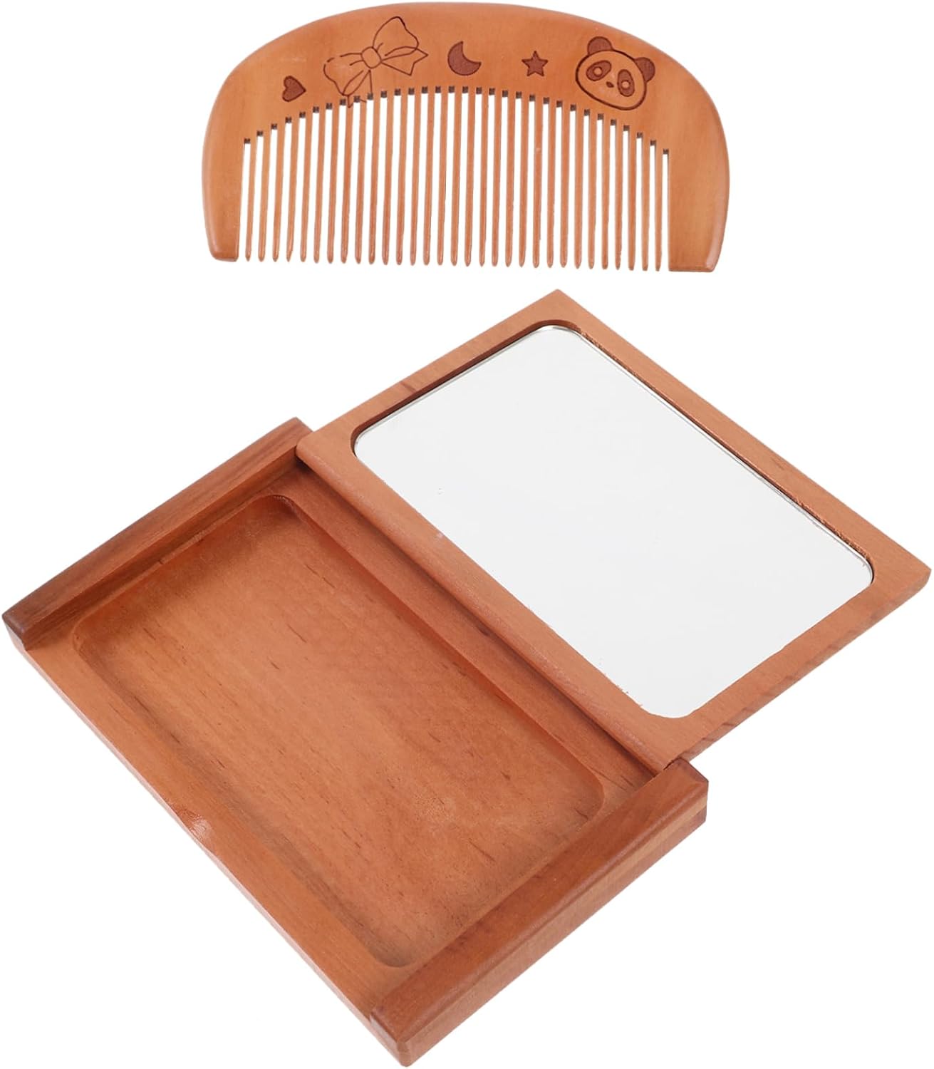 木製櫛型鏡セット 手持ちミラー 木製折りたたみ鏡 化粧鏡 ポケットトラベルミラー 髪の歯の櫛 ポケット..