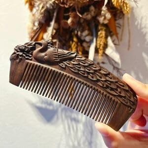 高級黒檀木 木製櫛 両面彫刻 孔雀 お守り 静電気防止 美髪 頭皮マッサージ