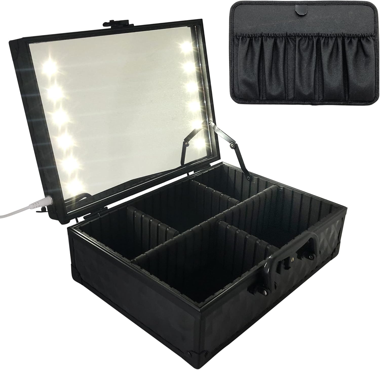 メイクボックス 鏡付き LED照明 持ち運び 大容量 プロ用 USB接続 ブラシホルダー 鍵付き (Black)