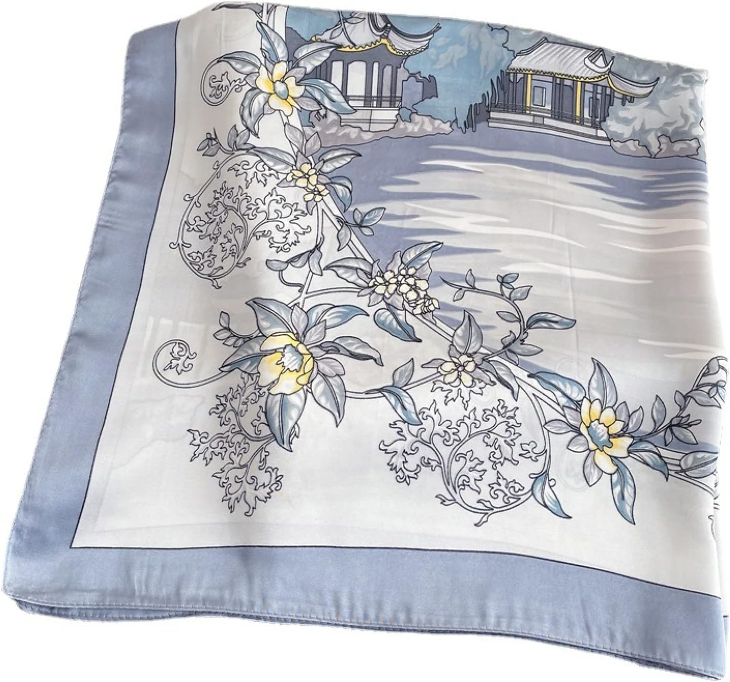 スカーフ ネッカチーフ シルク風 正方形 70cm 中華風 青 春夏 おしゃれ カジュアル リボンスカーフ ヘ..