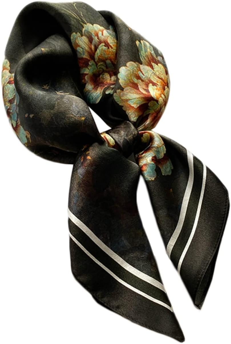 レディース スカーフ シルク風 薄手 おしゃれ 牡丹花プリント 上品 制服用 ネッカチーフ スクエアスカ..