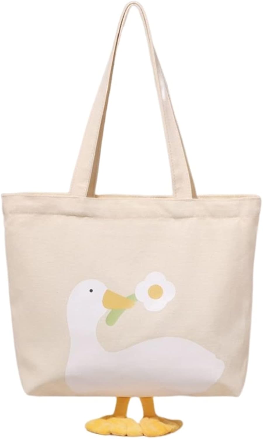 トートバッグ レディース 大容量 ダック かわいい プリント柄 2WAY ファスナー付き 内側ポケット付き 手提げ 肩掛け 軽量 厚手 通勤 通学 通園 37x34cm ショルダーバッグ