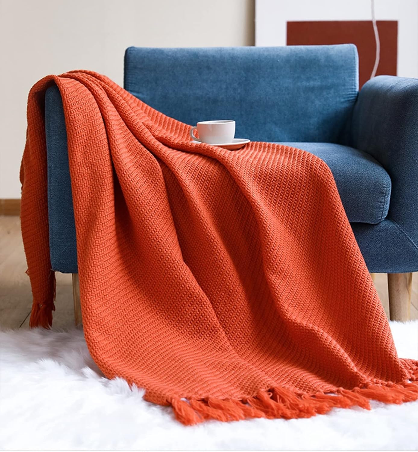 ブランケット タッセル 肌掛け布団 ワッフル 毛布 ニット 純色 お昼寝ケット 合い掛けふとん 丸洗い可 四季適用 ふんわり 柔らか肌触り 雲に包まれる 肌にやさしい ズレ防止 毛玉なし オレンジ 1