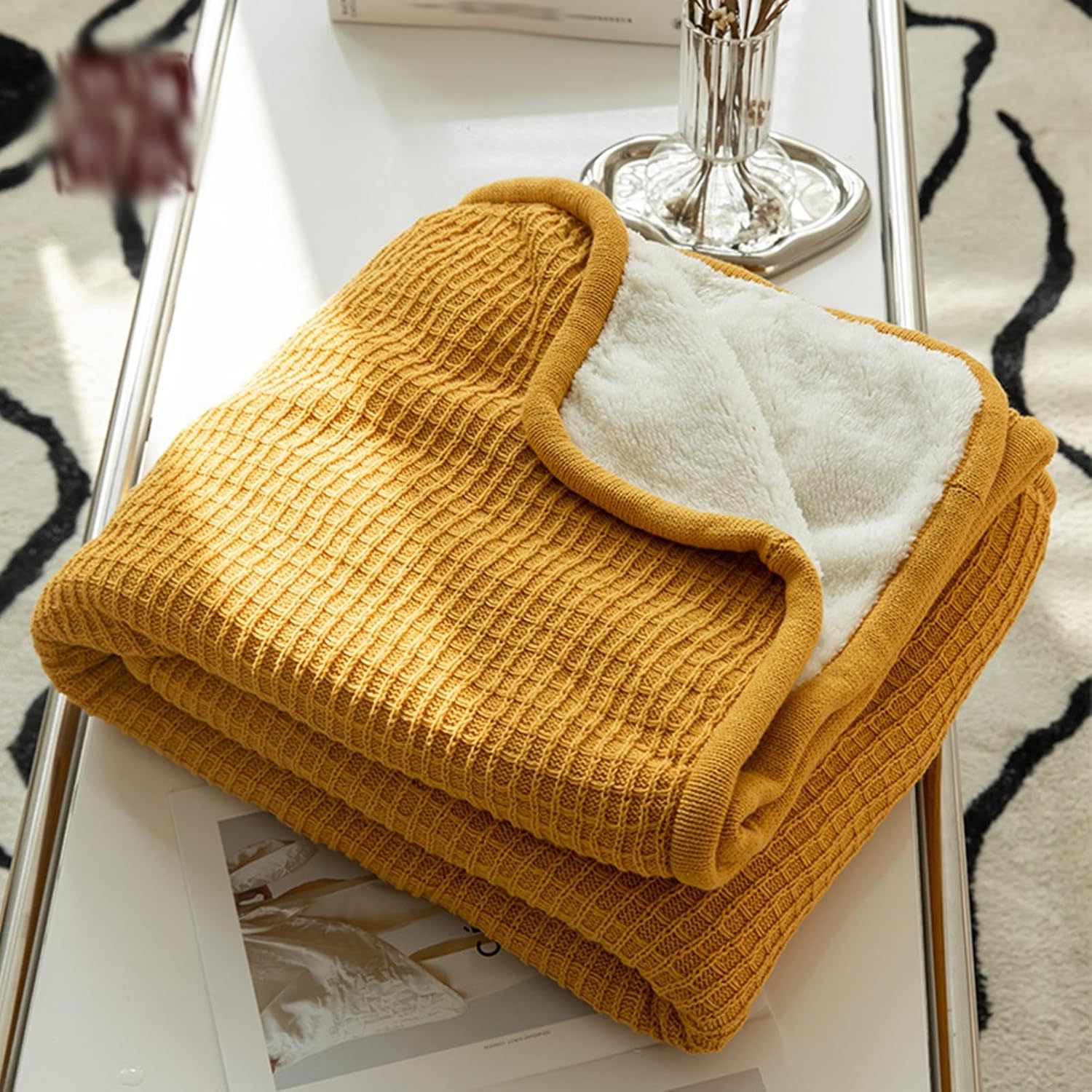 ニット毛布 ブランケット 綿100 ボア 肌掛け布団 ワッフル 厚手 布団 フランネル 肩掛け 膝掛け ソファーカバー 多機能 ホコリ出にくい 無地 シンプル 通年用 不眠症対策 お昼寝 イエロー 1