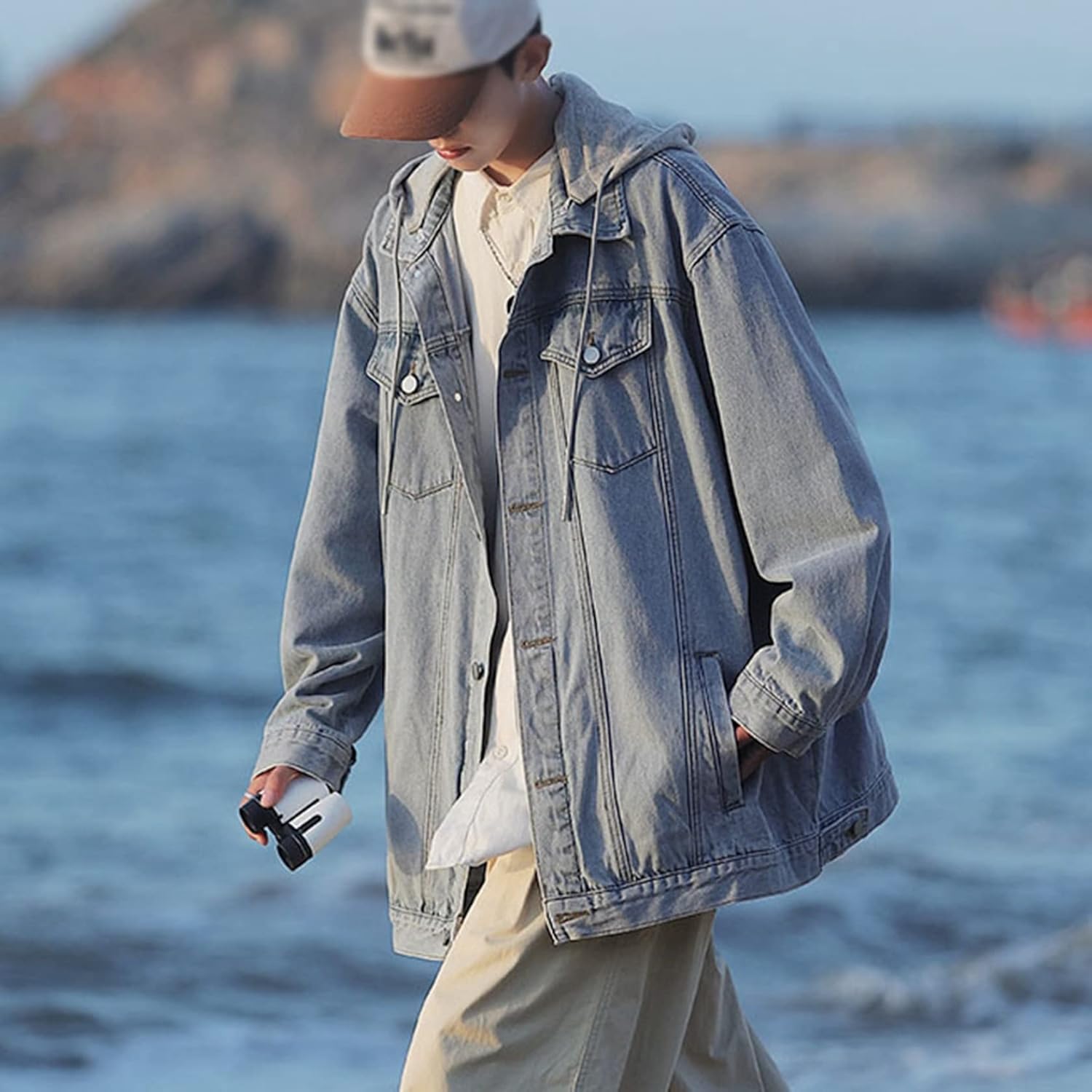 デニムジャケット　ジージャン　メンズ　大きいサイズ　春秋　防風　防寒　長袖　フード付き　綿　快適　ストレッチ　ゆったり　合わせやすい　ジャン　お出かけ　通勤　通学　カジュアル　カッコイイ　韓国　デニム