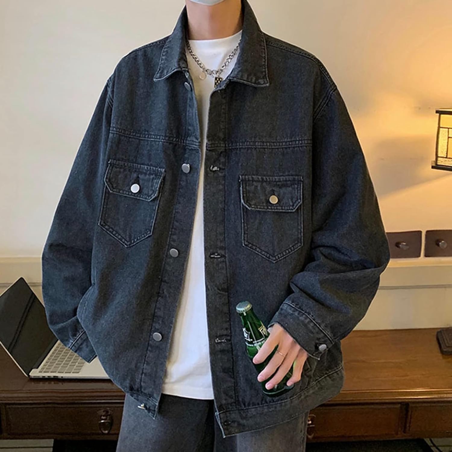 ジャン メンズ 春秋 大きいサイズ ゆったり ショート丈 折り襟 デニムジャケット 長袖 薄手 防風 防寒 ストレッチ 快適 ヴィンテージ風 ウォッシュ加工 ジージャン