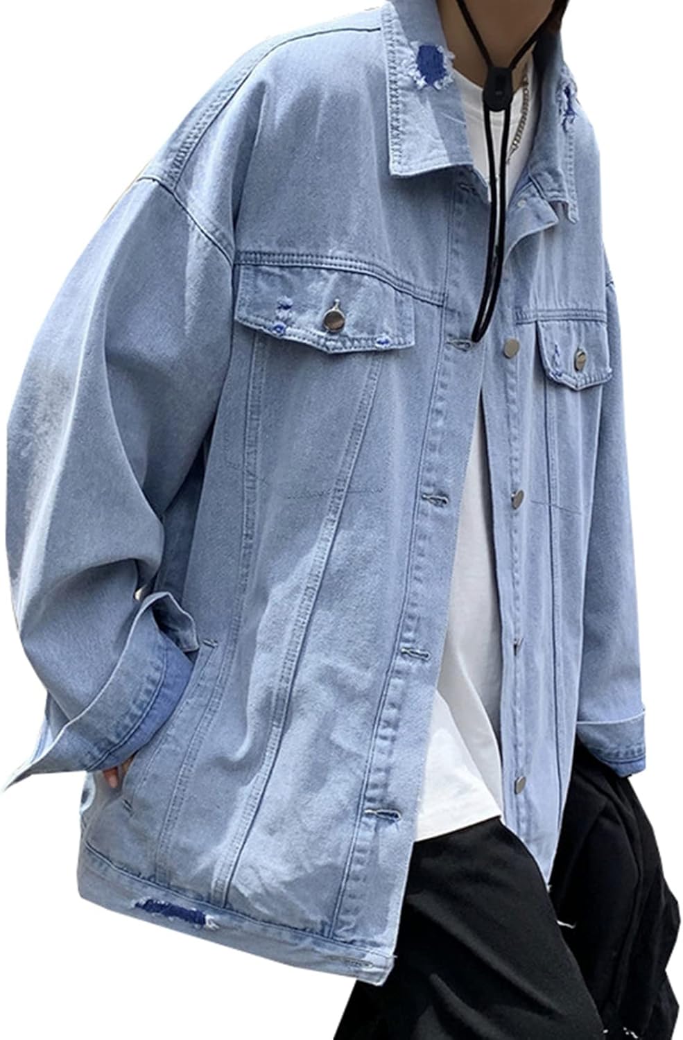 ダメージ加工　デニムジャケット　メンズ　春秋　防風　防寒　カジュアル　お出かけ　通勤　通学　ジャン　カッコイイ　おしゃれ　着回し　ゆったり　大きいサイズ　M-3XL　ブルー　ブラック　ジージャン